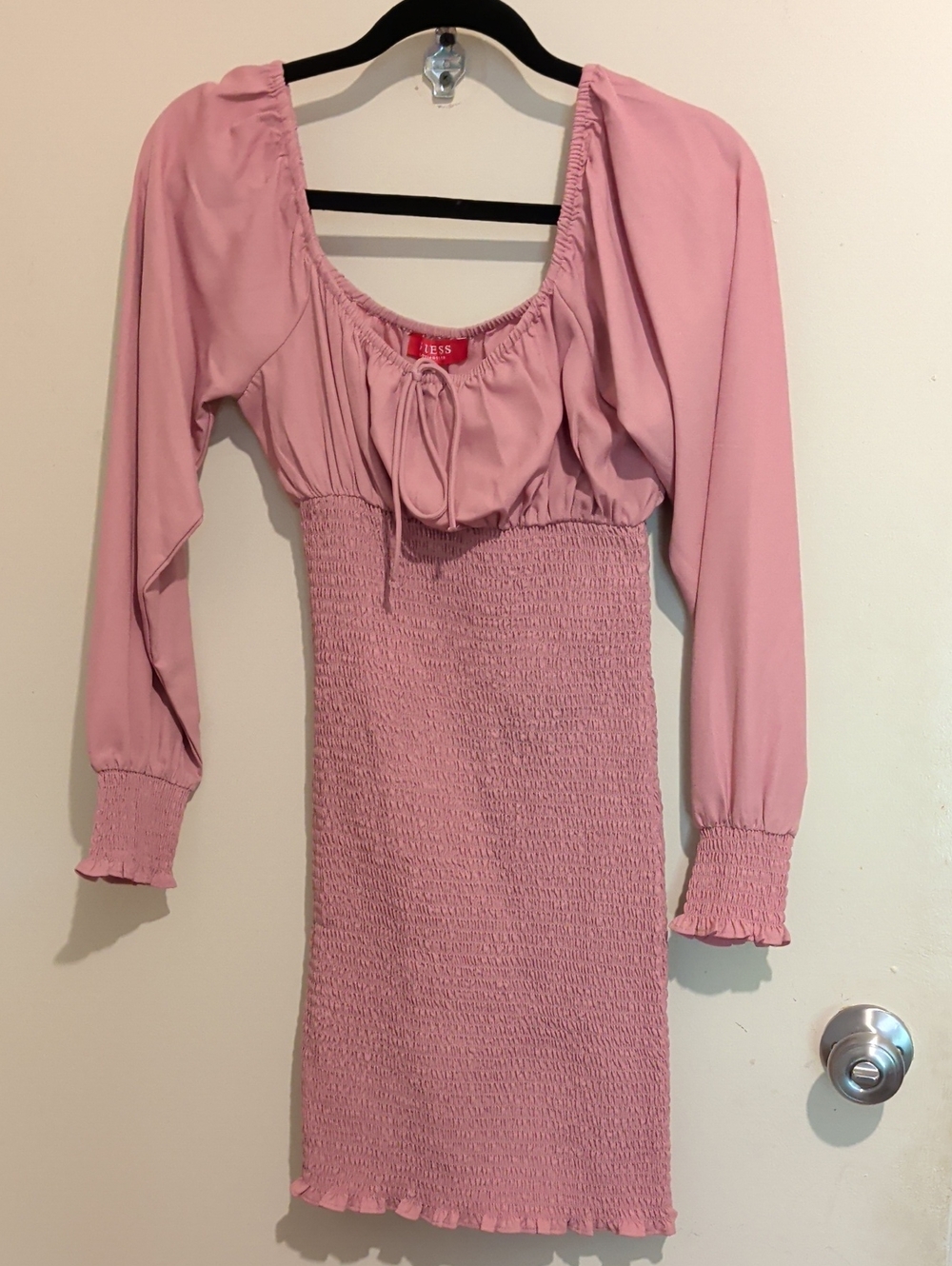 Guess Pink Long-Sleeve Smocked Midi Dress